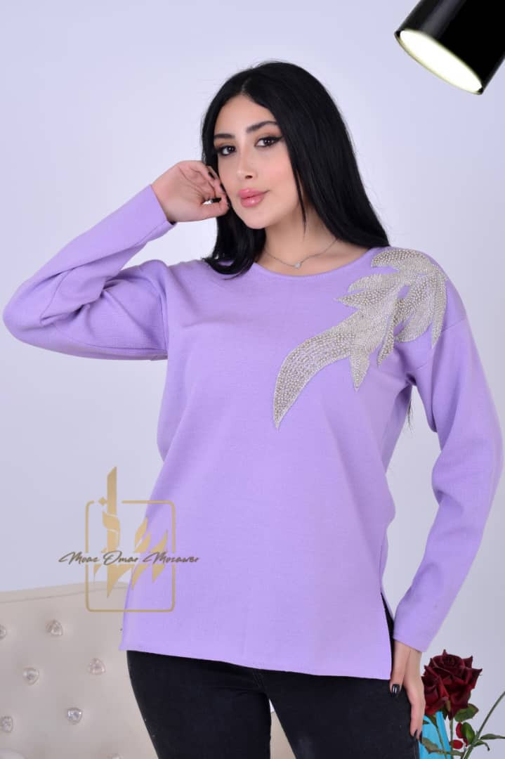 women sweater with beads on shoulder - Hover