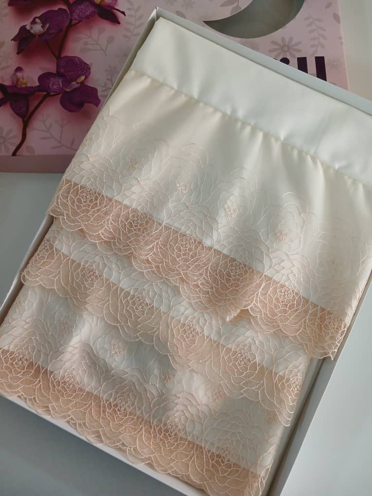 prayer set embroidered with  pink flowers &lace