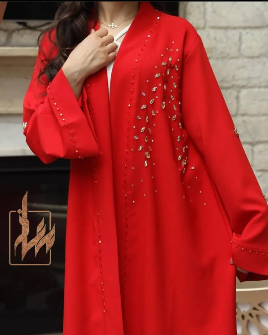 Bright red long abaya with strass - Hover