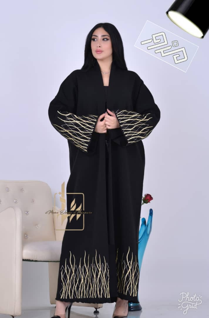 Women abaya with golden and silver thread embroidery