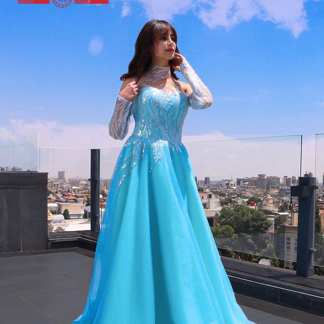 Hot couture Long skyblue flowy dress with silver nol embroider - Hover