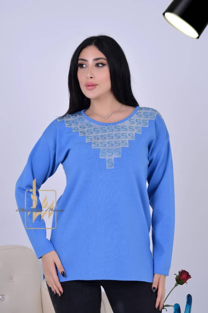 Blue women Knitwear with beads on neck